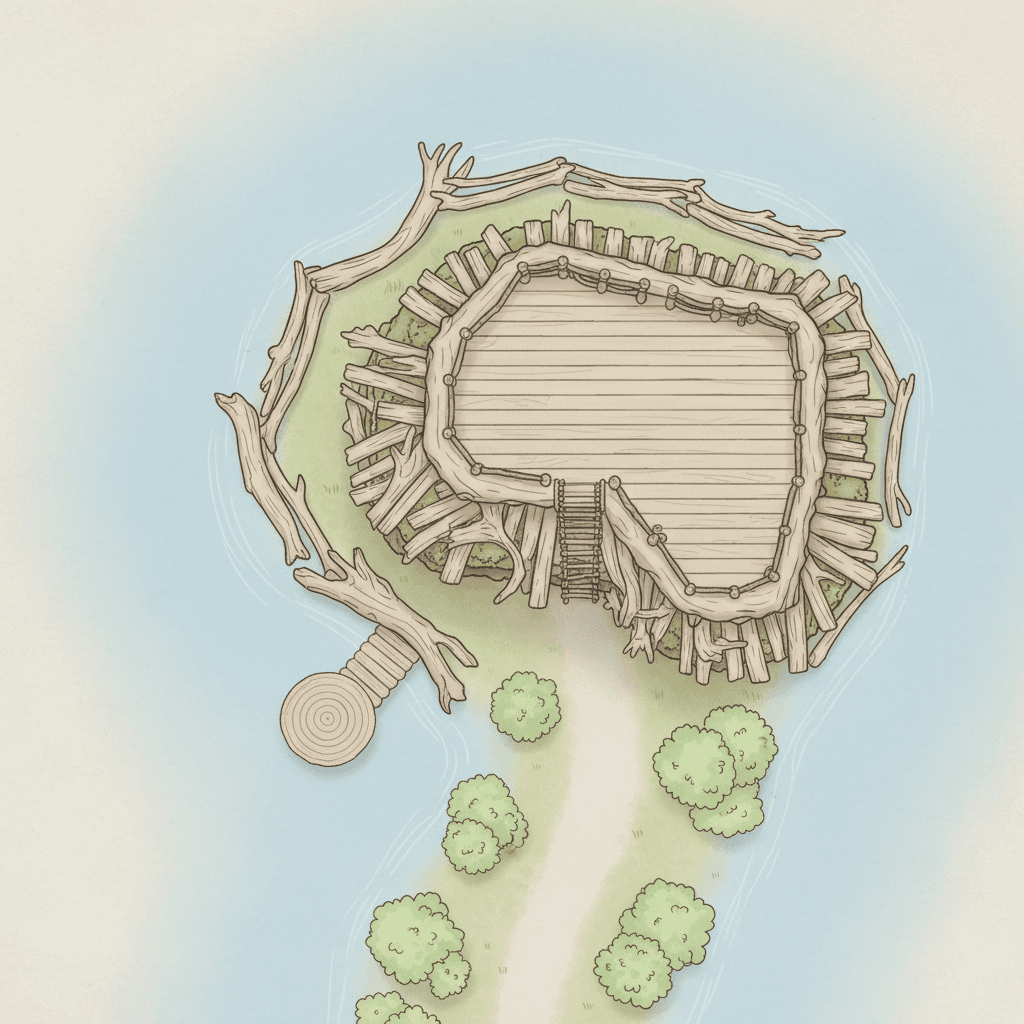 The driftwood in on the edge of the water, with a platform on the roof, similar to a lakehouse, map for fantasy RPG, not a floorplan view., top-down, floorplan view, light coloring, for DnD