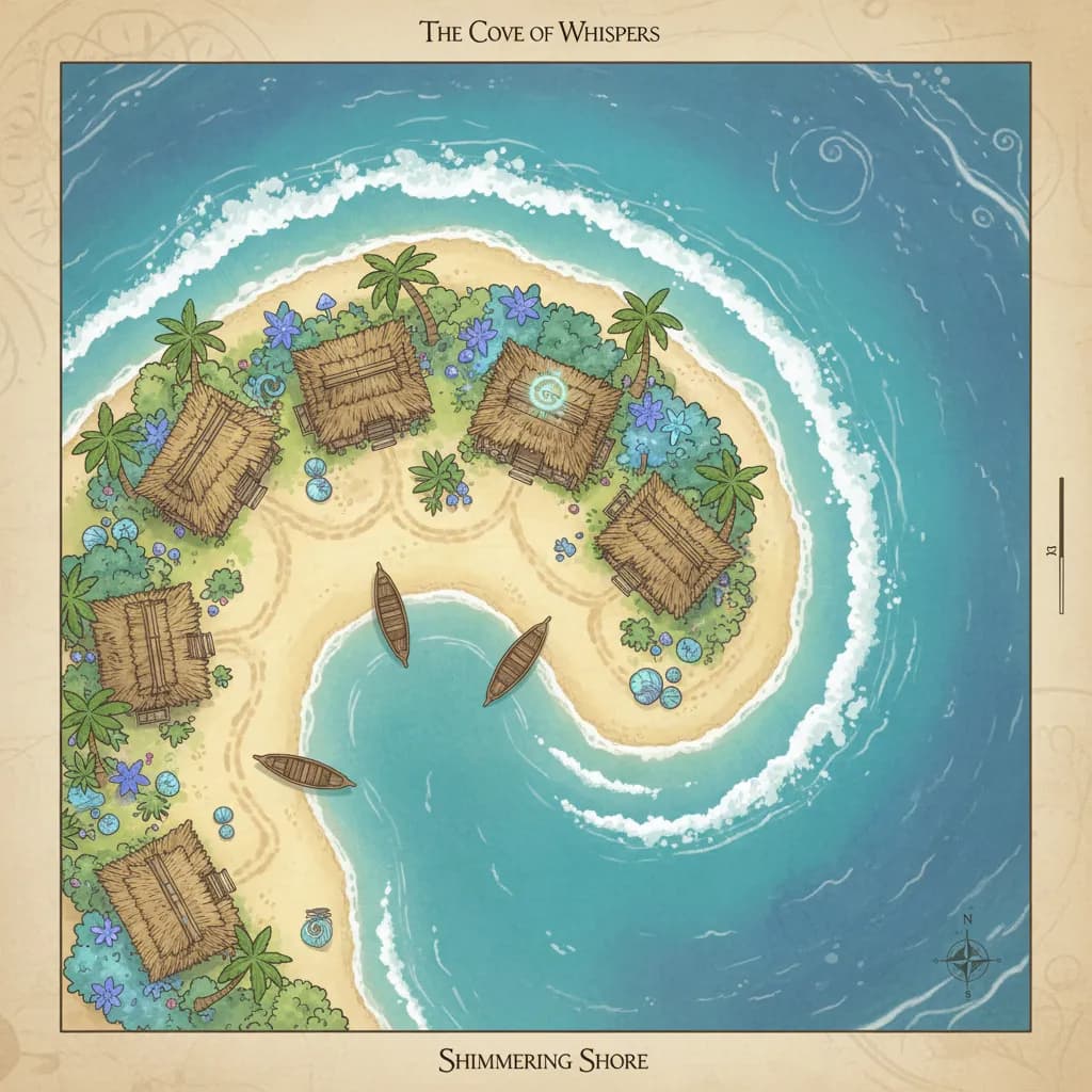 A bay with sand and a surf break. With shacks on the beach. Tropical and magical., top-down, floorplan view, light coloring, for DnD