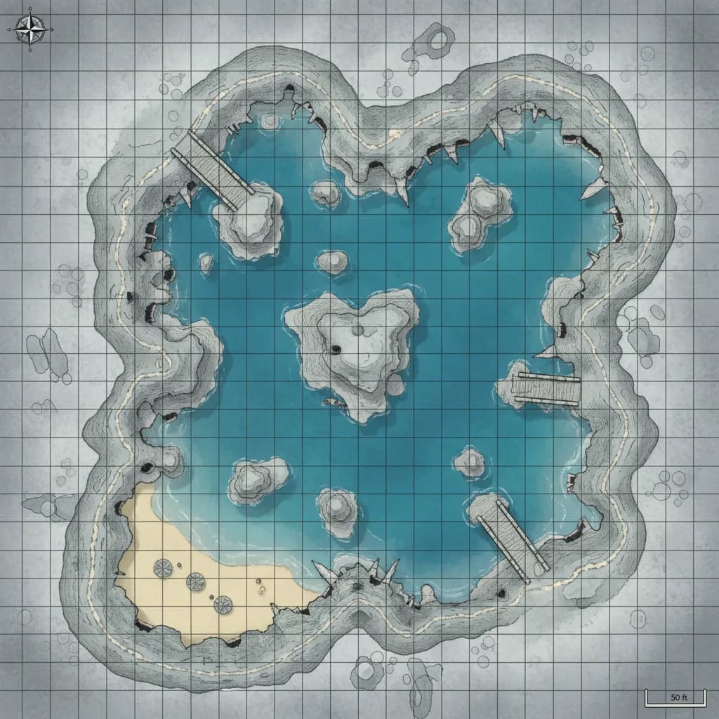 A battlemap of a large pool surrounded by a rocky coast., top-down, floorplan view, light coloring, for DnD