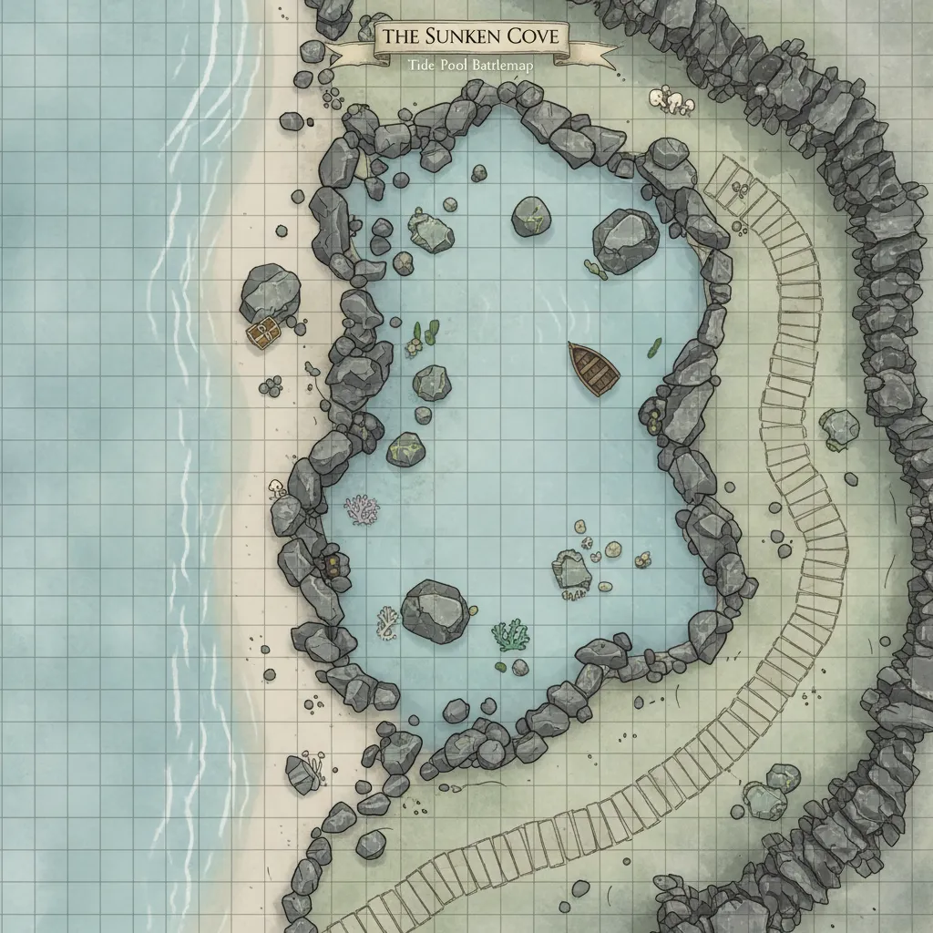 a battlemap or A rocky coastline with a tide pool., top-down, floorplan view, light coloring, for DnD