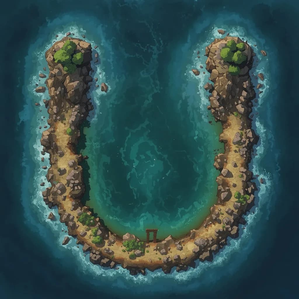 A U shaped tidepool with an entrance to the ocean and rocky sides, this is a battle map for fantasy rpg, top-down, floorplan view, light coloring, for DnD