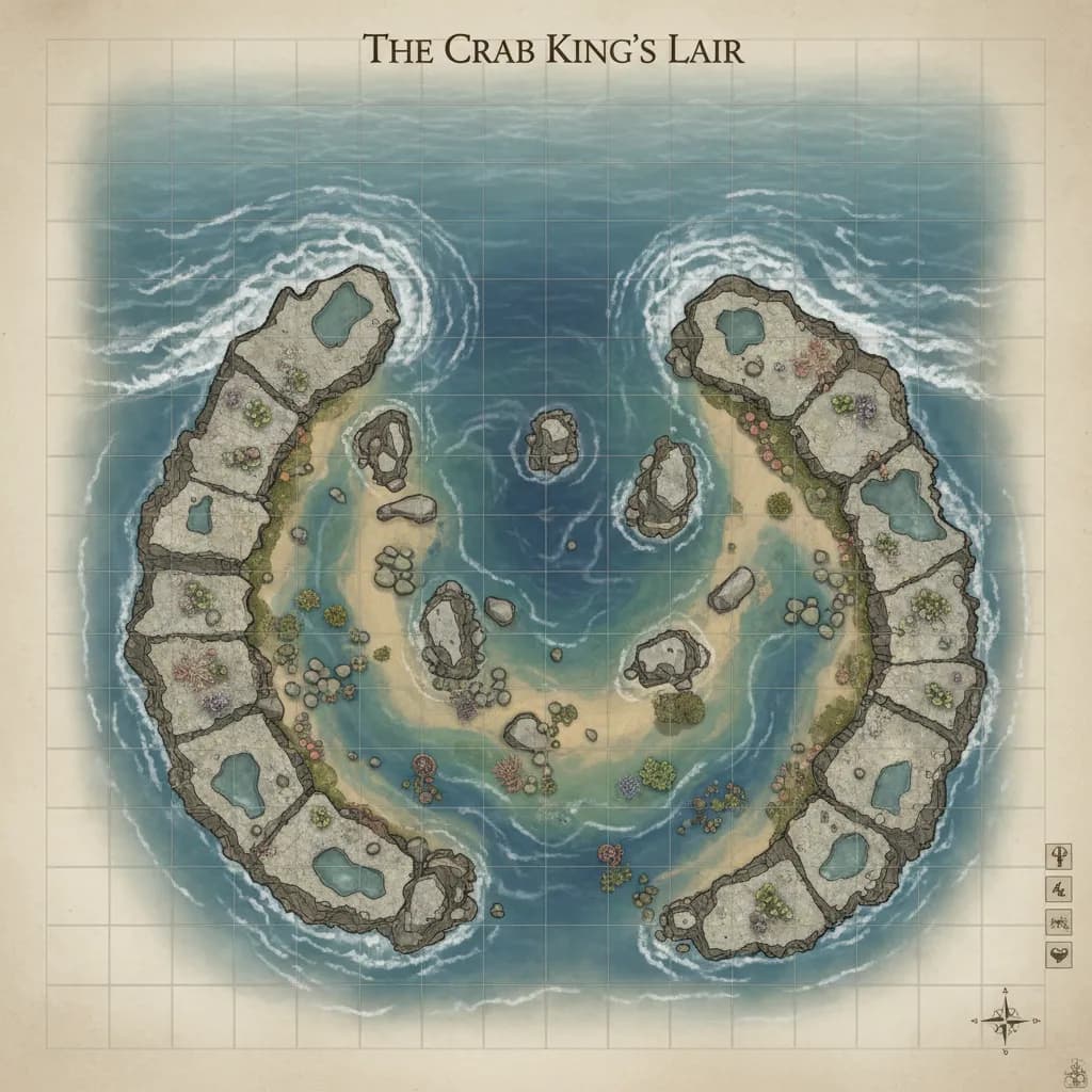 A U shaped tidepool with an entrance to the ocean and rocky sides, this is a battle map for fantasy rpg, top-down, floorplan view, light coloring, for DnD