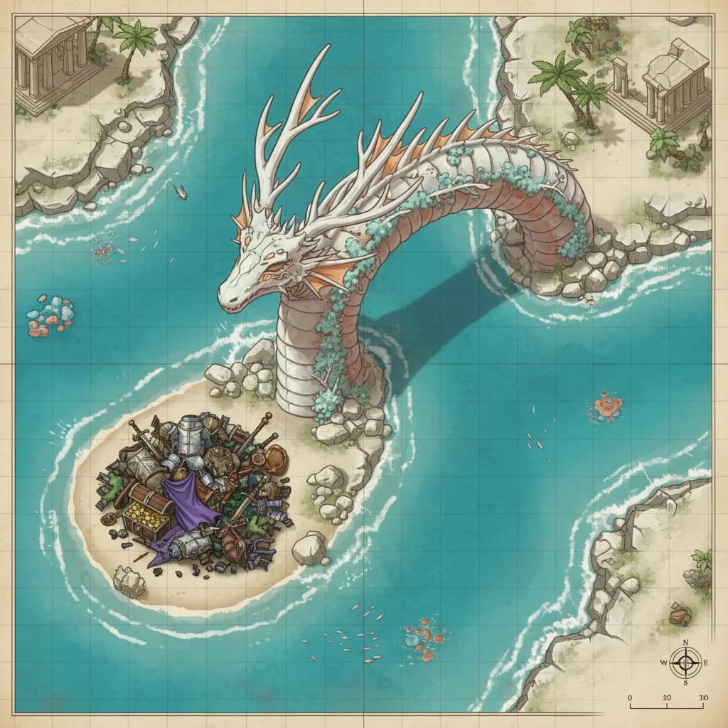 A dragon-shaped coral arch rises from the surf , with stolen gear piled beside its base., top-down, floorplan view, light coloring, for DnD, encounter map