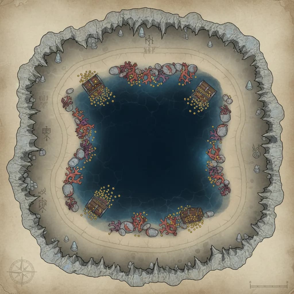 The cave opens around a dark pool glittering with coins, coral, and waterlogged chests, top-down, floorplan view, light coloring, for DnD