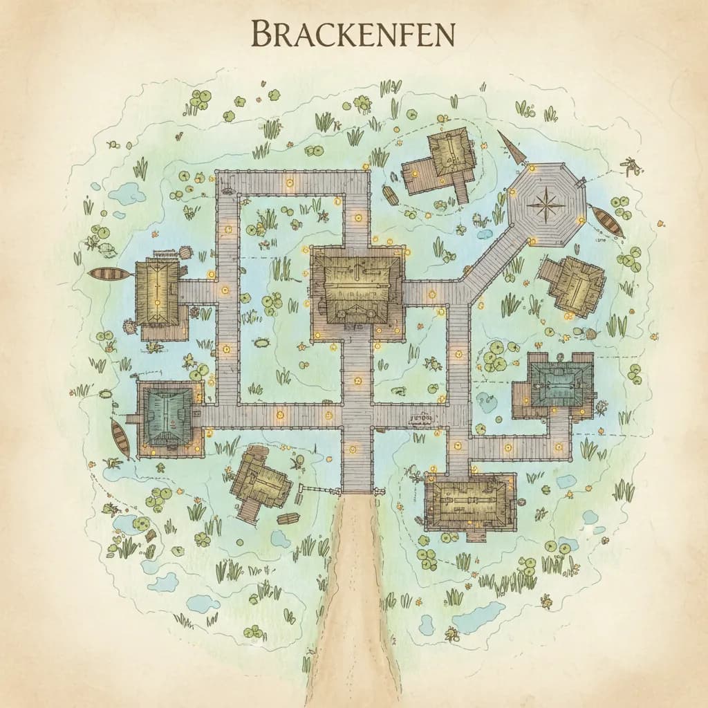 Brackenfen is a lantern-lit boardwalk village where the road ends and the marsh begins, top-down, floorplan view, light coloring, for DnD