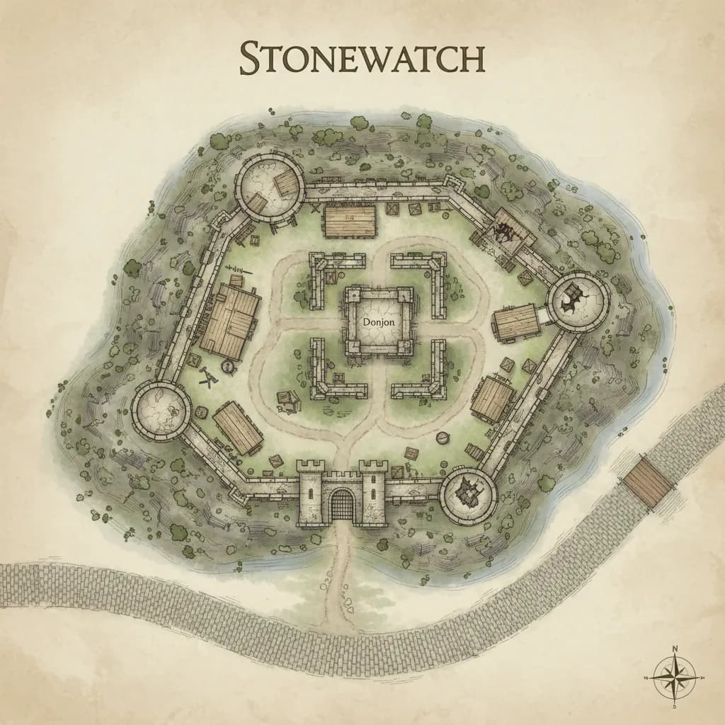 Stonewatch is a battered border keep on a hill above the main road, top-down, floorplan view, light coloring, for DnD