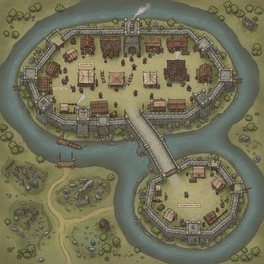 Brindleford is a fortified trading village built around an old stone bridge, making it the last reliable stop before the marsh. Its walls, watchtower, and steady traffic of scouts and relic-hunters make it a safe place for the party to rest, resupply, and compare notes between expeditions. The village is practical rather than grand, with enough guards and trade to keep things orderly without feeling settled or secure for long., top-down, floorplan view, light coloring, for DnD