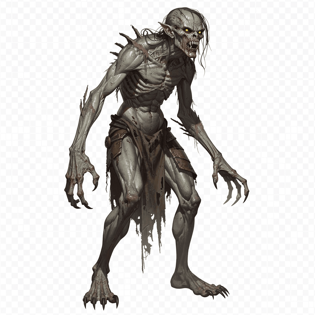 Revise this existing monster image concept while keeping the same monster identity and overall composition.

Base concept:
A Ghoul , for DnD, no background.

Requested changes:
remove the background

This is for Dungeons and Dragons and should have no background.