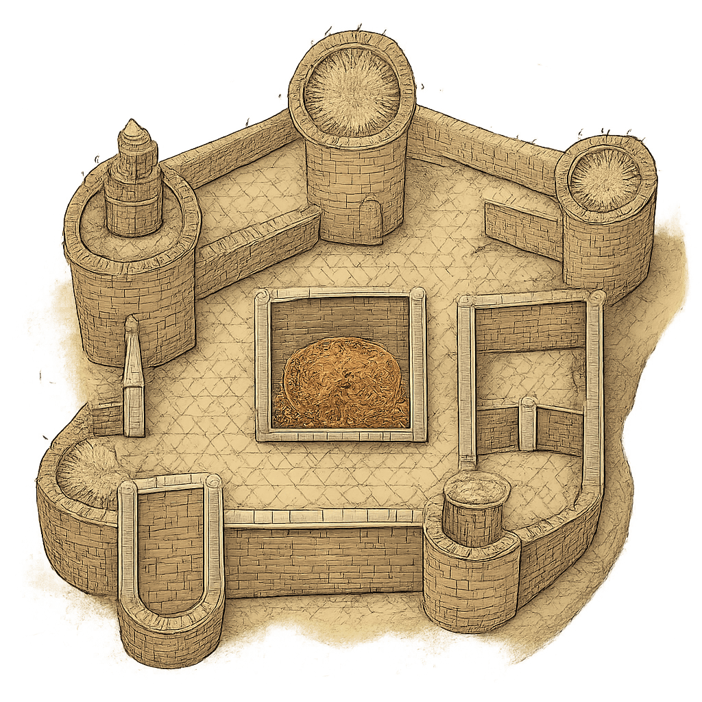 Revise this existing monster image concept while keeping the same monster identity and overall composition.

Base concept:
The castle of the hero Soul Stealer the rogue., for DnD, light coloring, label-free, top-down, floorplan view, castle map, mountain, river, secret room

Requested changes:
Add a guard in platemail to the top of the lower tower. In the pit in the center add a lion that is chained to the middle.

This is for Dungeons and Dragons and should have no background.