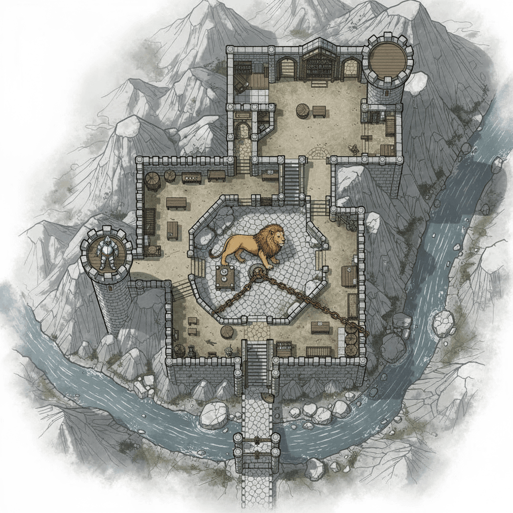 Revise this existing monster image concept while keeping the same monster identity and overall composition.

Base concept:
The castle of the hero Soul Stealer the rogue., for DnD, light coloring, label-free, top-down, floorplan view, castle map, mountain, river, secret room

Requested changes:
Add a guard in platemail to the top of the lower tower. In the pit in the center add a lion that is chained to the middle.

This is for Dungeons and Dragons and should have no background.