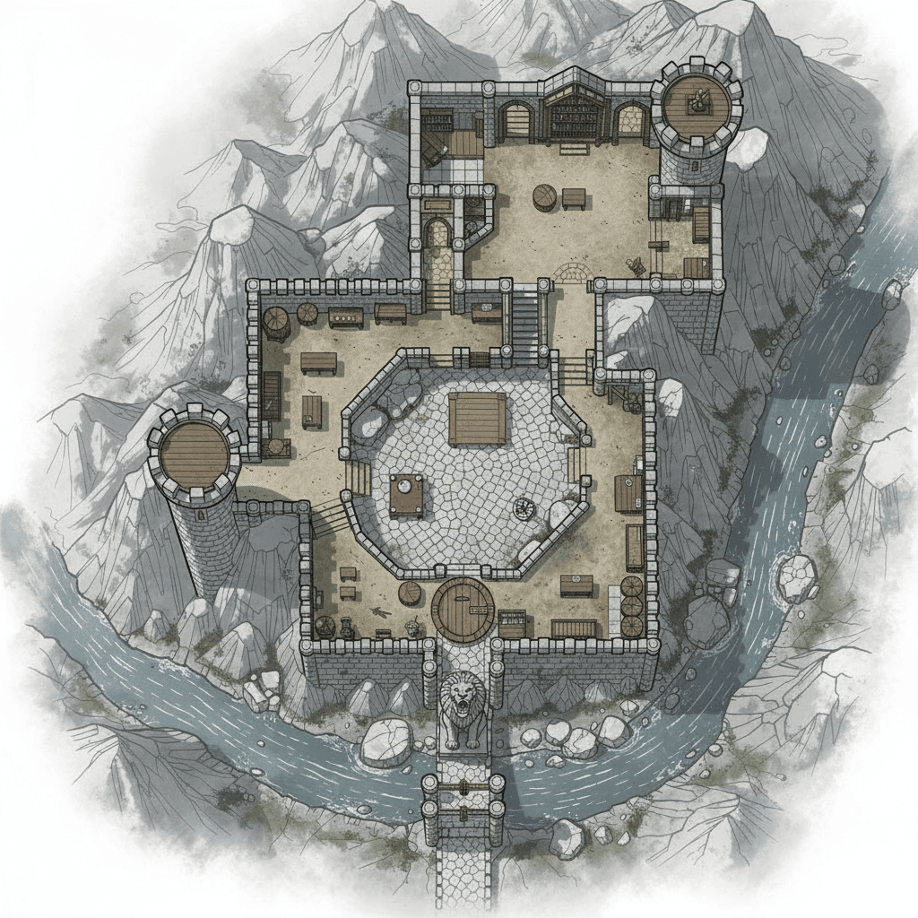 Revise this existing monster image concept while keeping the same monster identity and overall composition.

Base concept:
The castle of the hero Soul Stealer the rogue., for DnD, light coloring, label-free, top-down, floorplan view, castle map, mountain, river, secret room

Requested changes:
In the lower area in the center, add a circular door that leads down with a lion statue on top of it.

This is for Dungeons and Dragons and should have no background.