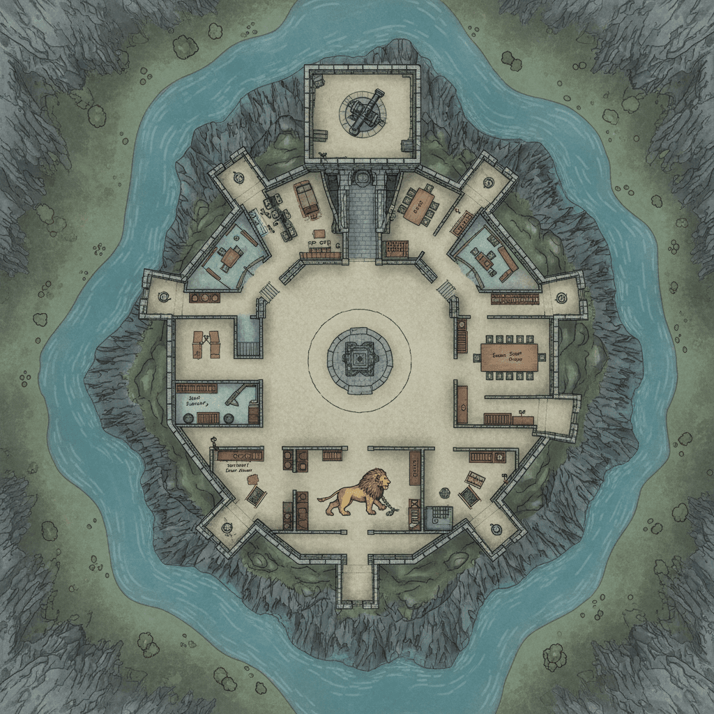 Revise this existing monster image concept while keeping the same monster identity and overall composition.

Base concept:
The castle of the hero Soul Stealer the rogue., for DnD, light coloring, label-free, top-down, floorplan view, castle map, mountain, river, secret room

Requested changes:
Add a ballista to the the top of the tower. and the lower area in the center should have a lion chained to the center.

This is for Dungeons and Dragons and should have no background.