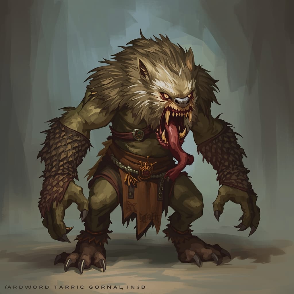 A gnoll, no background, for Dnd. Gnolls are feral, hyena-headed humanoids that attack without warning, slaughtering their victims and devouring their flesh.