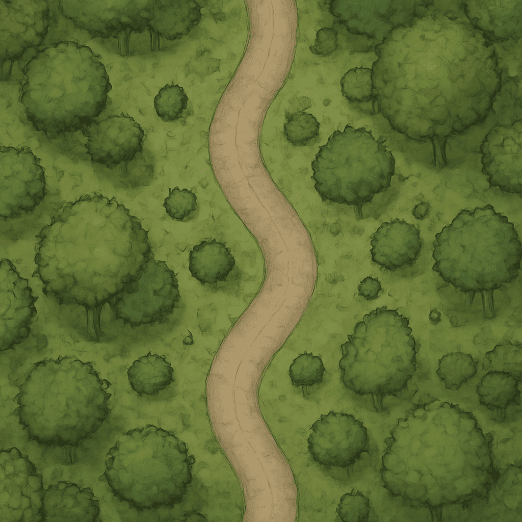 A road in the forest, top-down, light coloring, for DnD, gridded, encounter map, forest