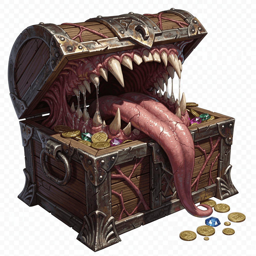 Revise this existing monster image concept while keeping the same monster identity and overall composition.

Base concept:
A mimic monster for the game Dungeons and Dragons.

Requested changes:
no background

This is for Dungeons and Dragons and should have no background.