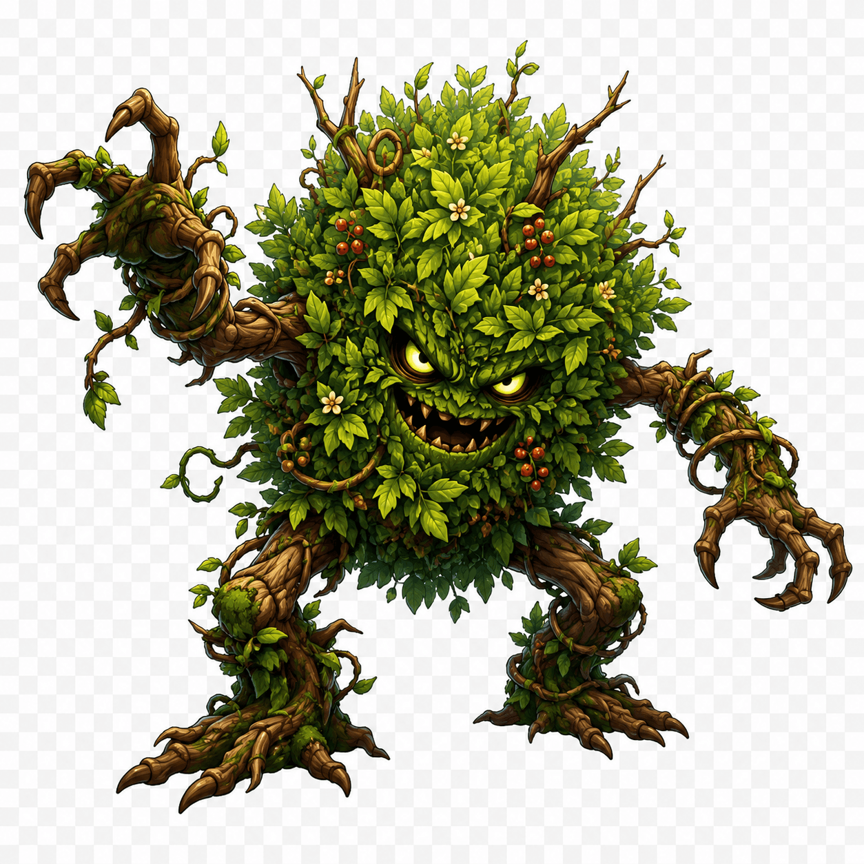 Awakened Tree monster for fantasy rpg game, no background, cartoon.