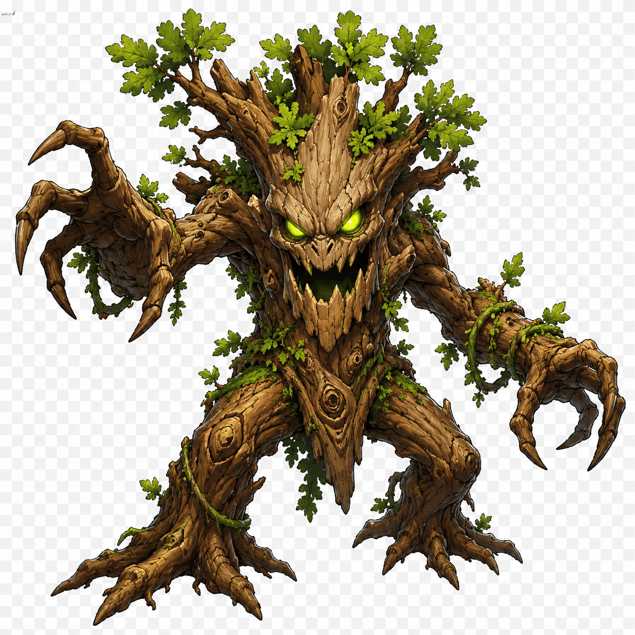 Awakened Tree monster for fantasy rpg game, no background, cartoon.