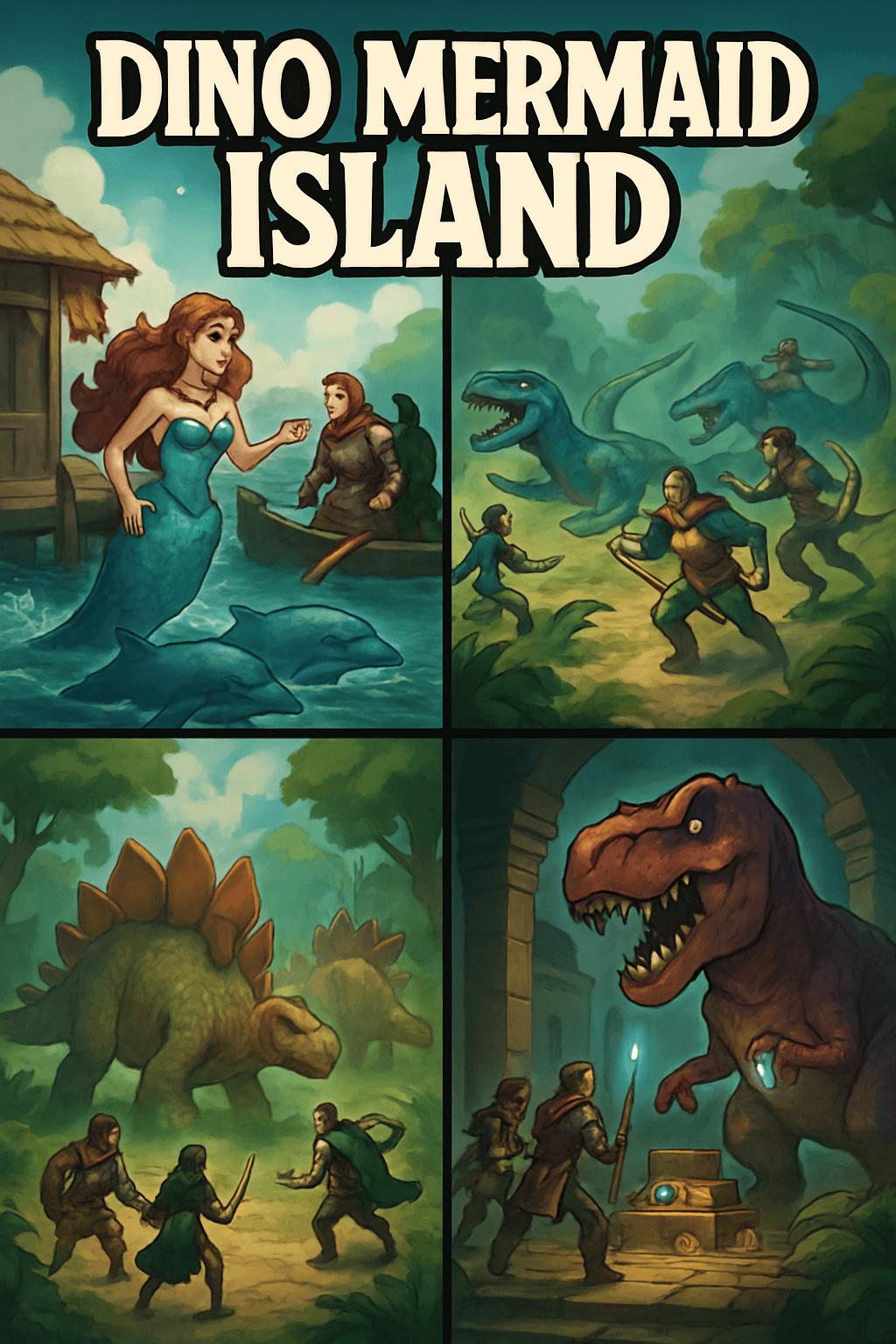 Dungeon title: Dino Mermaid Island. Visual brief: At the Driftwood Tavern pier, mermaid matriarch Lyria urgently requests the heroes retrieve her stolen sapphire pendant from the Isle of the Ancients, gifting them a small boat pulled by two dolphins for swift passage. After arriving on the island, the party is ambushed by a pack of swift raptor-like dinosaurs defending their nesting grounds, triggering a dynamic combat encounter. Venturing deeper, the adventurers must cleverly evade or distract towering stegosaurs blocking the path to an ancient jungle shrine. In the shrine, a massive carnivorous dinosaur fiercely guards the stolen pendant and arcane treasures, culminating in a challenging final battle.