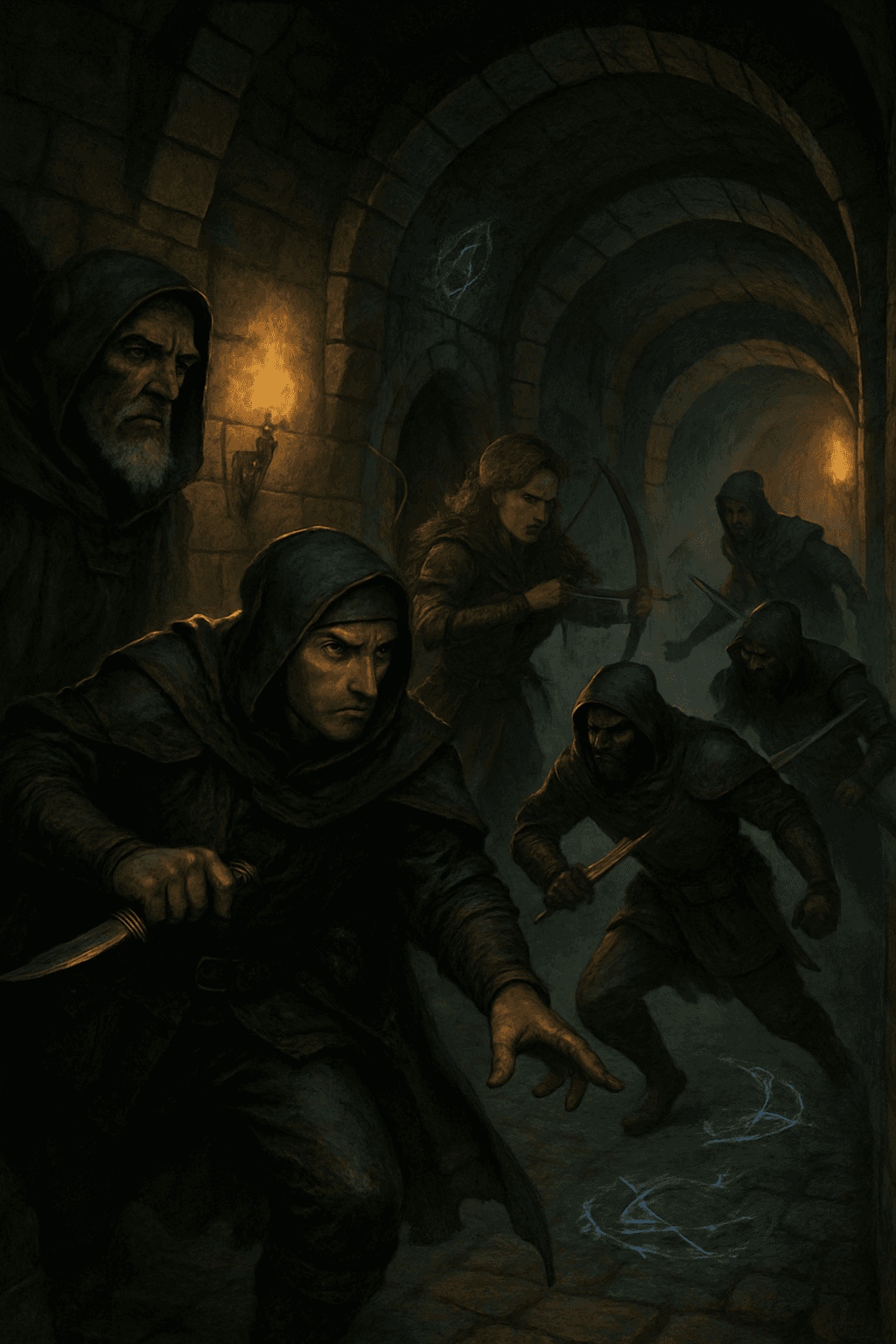Dungeon title: Echoes of the Silent Labyrinth. Campaign: Master Rogue. Visual brief: The party meets Master Thalrin in the dimly lit chamber of Greythorn Keep, where he explains that the Silent Dagger's underground labyrinth has seen unexplained disappearances and strange magical activity, urging them to enter immediately to investigate and recover a lost relic vital to the village's defense. Navigating twisting corridors filled with magical traps and shadowy illusions testing their perception and agility, the party must carefully disable traps and avoid detection by lingering enchantments left to guard the labyrinth’s secrets. A sudden ambush by Veilbound agents disguised as lost trainees challenges the party to a tense battle within the narrow tunnels, where stealth and swift action are crucial to prevent being overwhelmed.