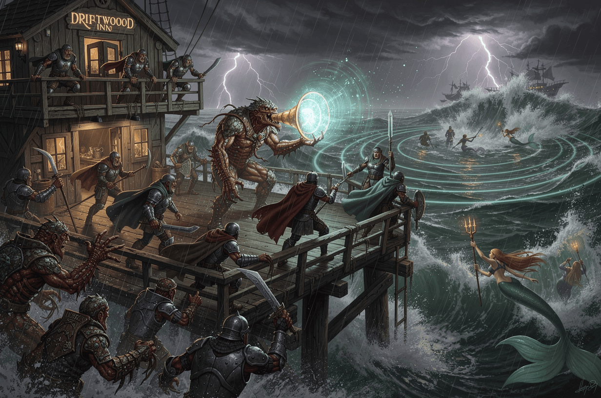 Under a storm-darkened sky, heroes stand on the battered Driftwood Inn’s deck, crustacean humanoids are attacking, blowing a glowing magical conch as shimmering ripples pulse through the turbulent sea, in the distance mermaids are coming to there aid.