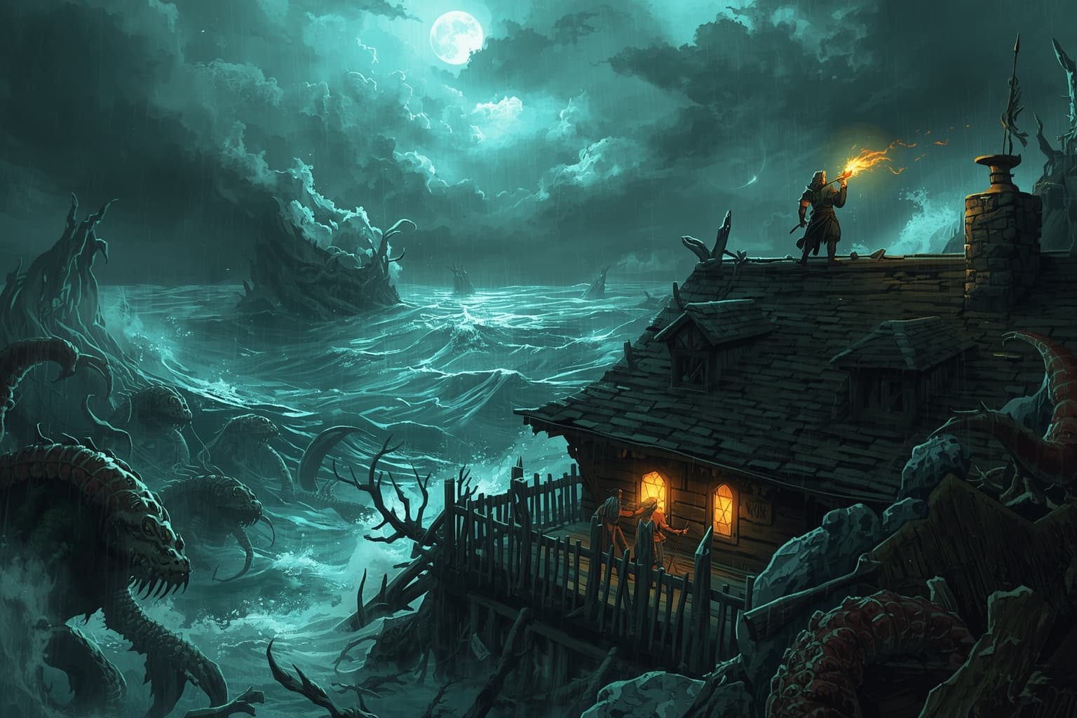 Under a storm-darkened sky, heroes stand on the battered Driftwood Inn’s roof, blowing a glowing magical conch as shimmering ripples pulse through the turbulent sea,crustacean humanoids are attacking,  in the distance mermaids are coming to their aid.