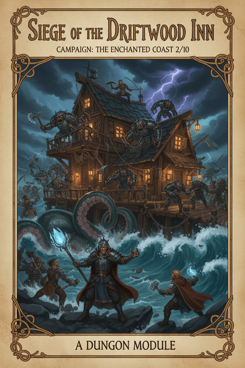 Display Dungeon title: Siege of the Driftwood Inn. Display Campaign: The Enchanted Coast 2/10. Dungeon cover image: Characters must defend the Driftwood in from Krull( crustacean humanoids ), a giant octopus, and a crull sorcerer summoning a storm.