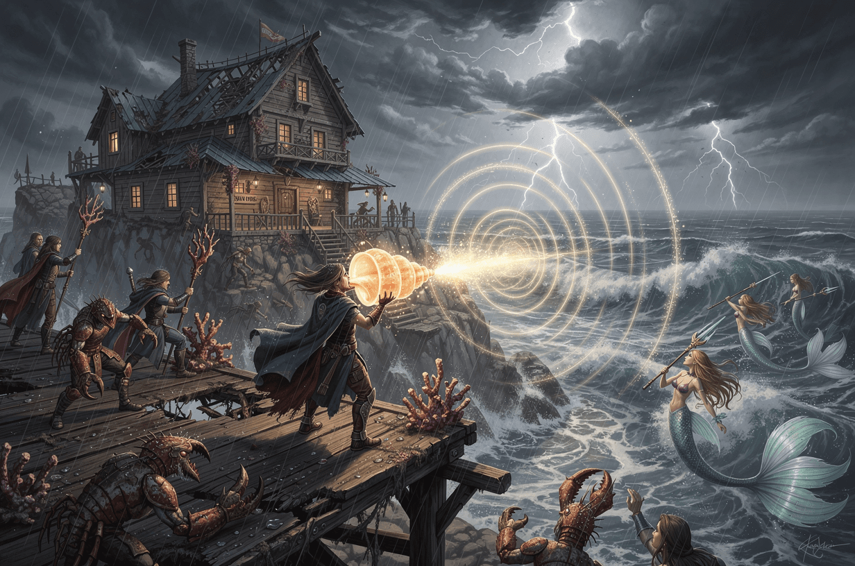 Under a storm-darkened sky, heroes stand on the battered Driftwood Inn’s roof, blowing a glowing magical conch as shimmering ripples pulse through the turbulent sea,crustacean humanoids are attacking,  in the distance mermaids are coming to their aid.