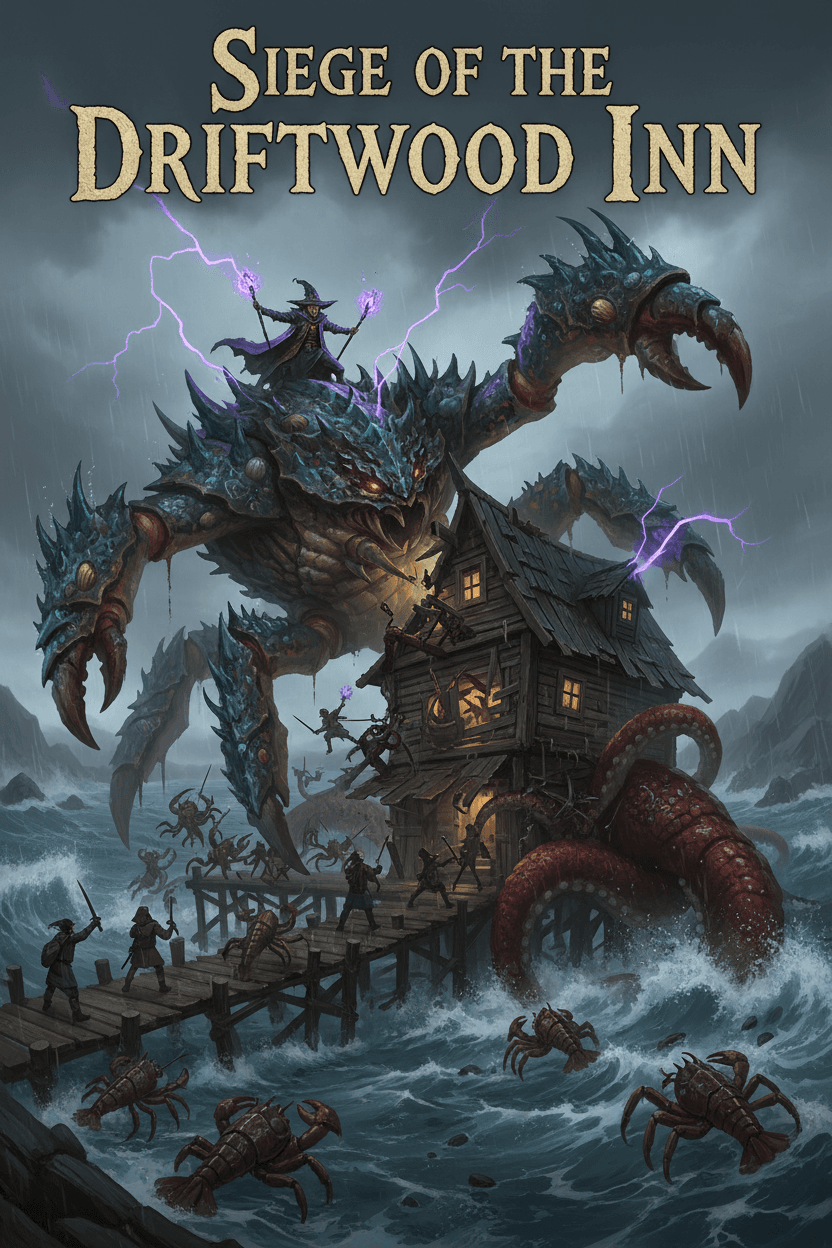 Display Dungeon title: Siege of the Driftwood Inn. POV crustacean monster attacking an old rustic waterfront inn with a gang of other crustacean monsters led by a furious wizard riding a large demonic octopus, with stormy weather lightning and rough seas.