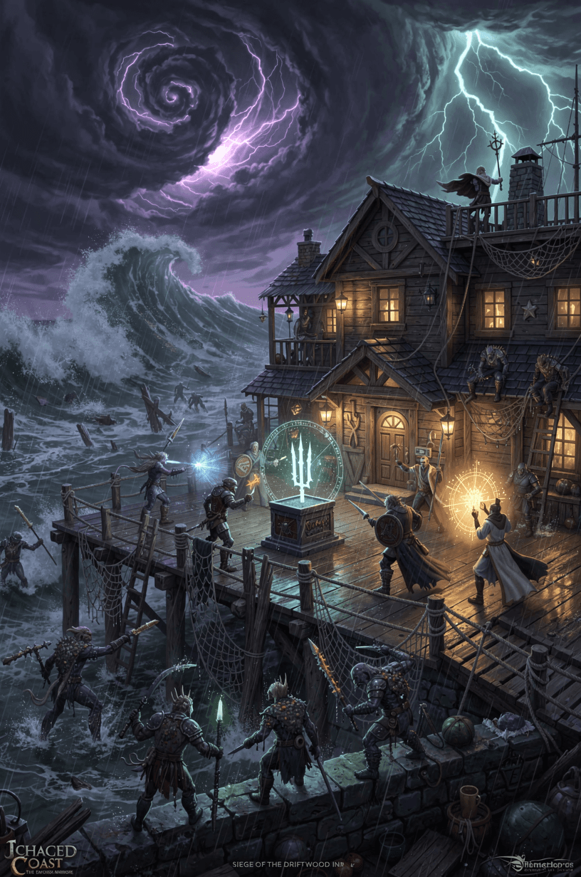 Dungeon title: Siege of the Driftwood Inn. Campaign: The Enchanted Coast. Visual brief: Event 1: A violent magical storm conjured by Varathos batters Shorebreakton, causing waves to crash against the Driftwood Inn as the party prepares for an impending assault. Event 2: The party spots and repels an attack by a group of Varathos’ kull, sea creatures—attempting to breach the inn’s defenses and seize the magical trident. Event 3: A giant octopus summoned by Varathos rises from the water in the inn, the characters must defend the trident from the octopuses clutches.