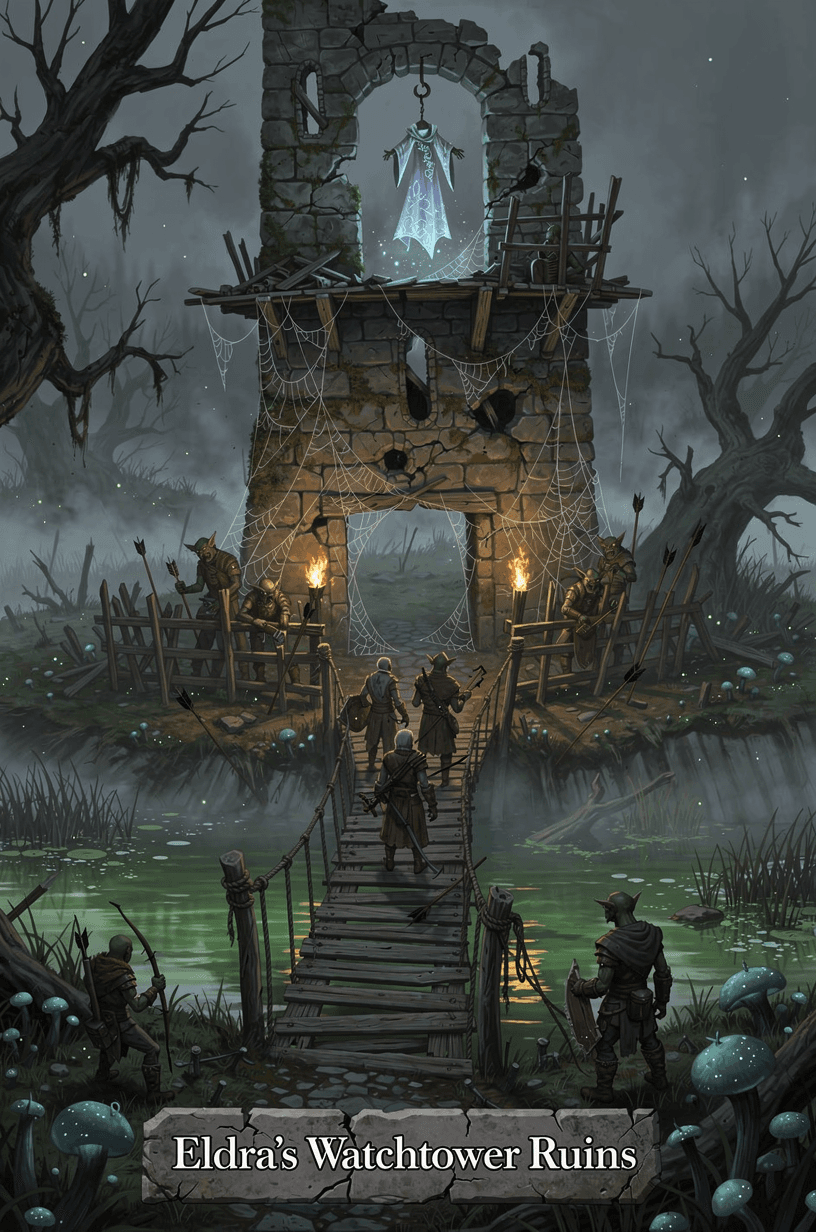 In the murky Shadowfen Marshes, the party pauses before a rickety bridge guarded by goblin archers, eyeing the rickety watchtower with spiderwebs and a magical cloak on the top level. Display the dungeon name exactly: "Eldra’s Watchtower Ruins".