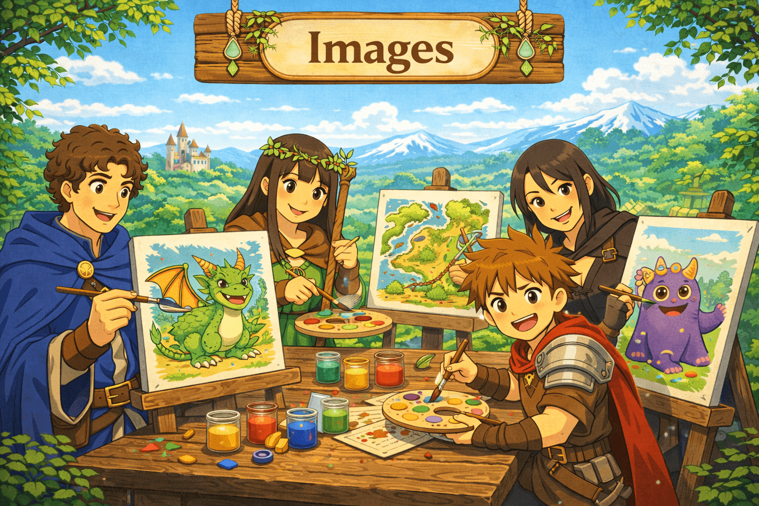 Creative adventurers gathered around a colorful canvas table.
