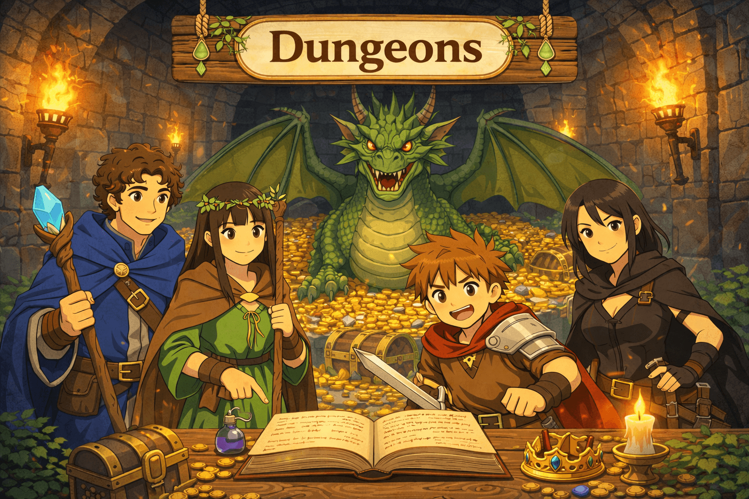 Dungeon adventurers facing a mighty dragon.