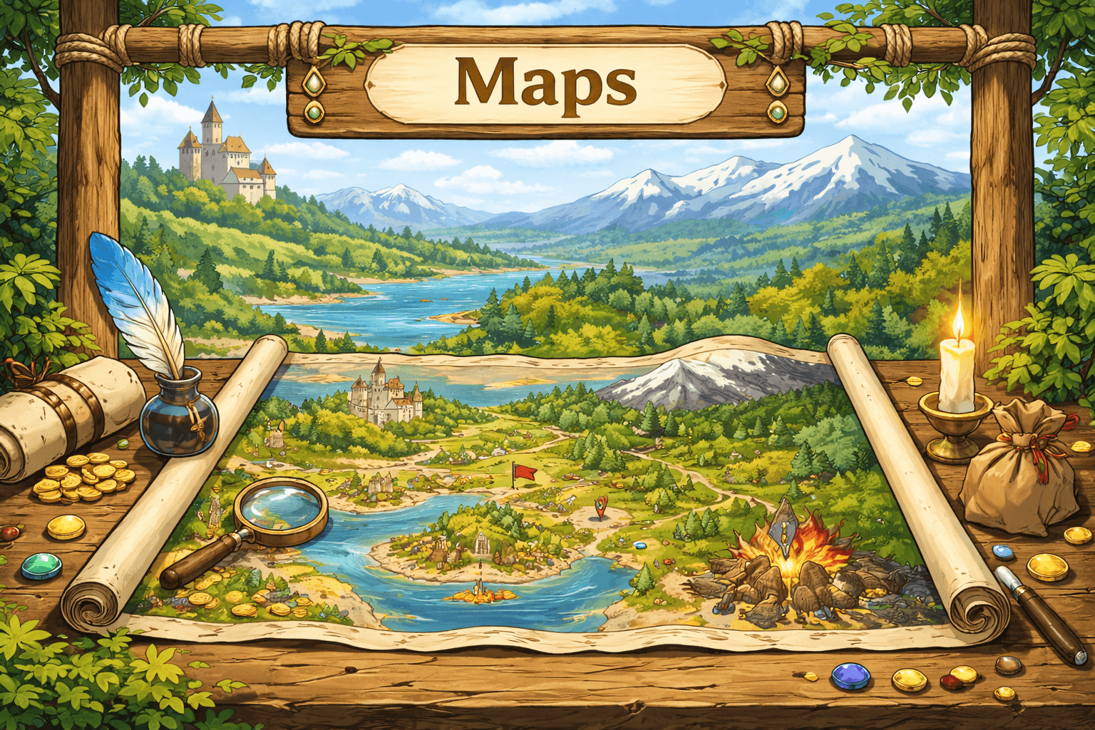 Adventurers studying a fantasy map.