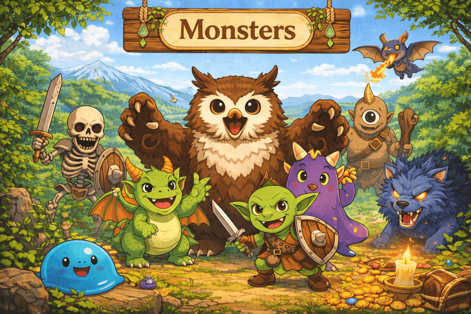 A friendly group of fantasy monsters gathered in a forest.