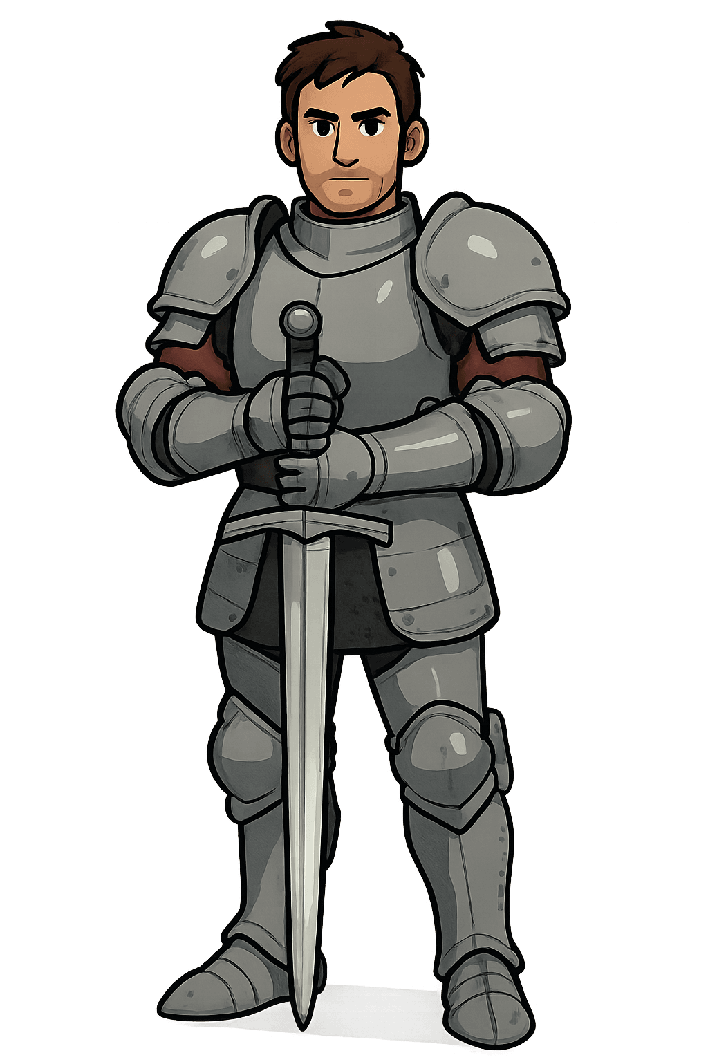 A male human fighter wearing plate armor holding sword.
Use portrait-style framing with an eye-level camera angle.
The full character must be visible from head to toe.
No background. Transparent or plain blank background only.
Keep a clear line of sight to face, clothing, and held items.
Style: cartoon.
Overall feel: heroic, epic.
Feedback to apply: none.
Additional notes: none.