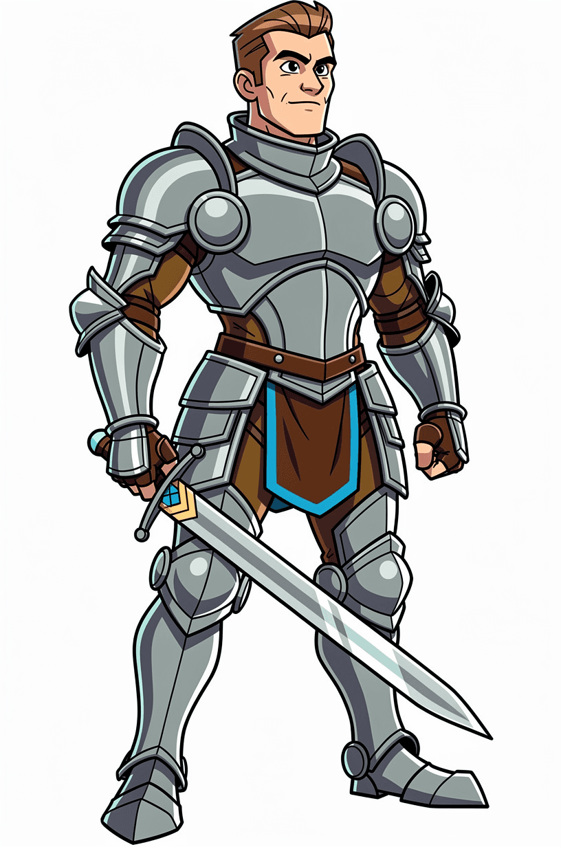 A male human fighter wearing plate armor holding sword.
Use portrait-style framing with an eye-level camera angle.
The full character must be visible from head to toe.
No background. Transparent or plain blank background only.
Keep a clear line of sight to face, clothing, and held items.
Style: cartoon.
Overall feel: heroic, epic.
Feedback to apply: none.
Additional notes: none.