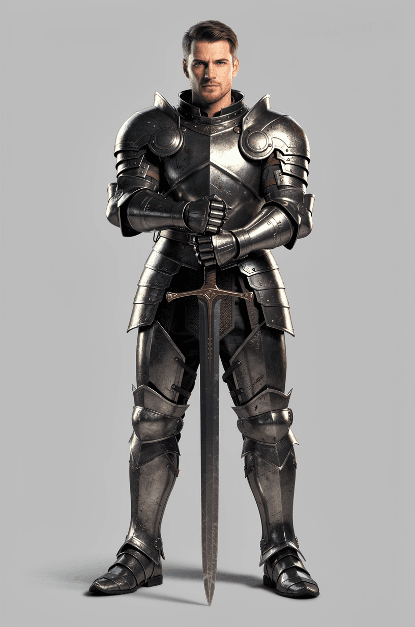 A male human fighter wearing plate armor holding sword.
Use portrait-style framing with an eye-level camera angle.
The full character must be visible from head to toe.
No background. Transparent or plain blank background only.
Keep a clear line of sight to face, clothing, and held items.
Overall feel: heroic, epic.
Feedback to apply: none.
Additional notes: none.