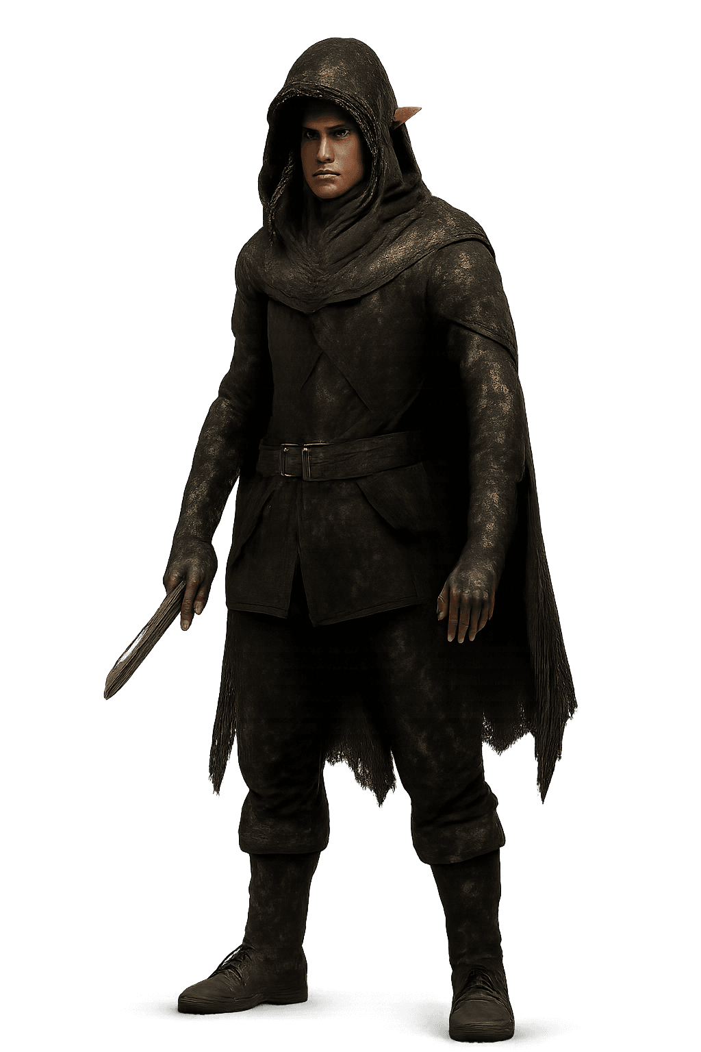 A male elf fighter wearing hooded tunic holding dagger with tattoos.
Use portrait-style framing with an eye-level camera angle.
The full character must be visible from head to toe.
No background. Transparent or plain blank background only.
Keep a clear line of sight to face, clothing, and held items.
Overall feel: dark fantasy.
Feedback to apply: none.
Additional notes: none.