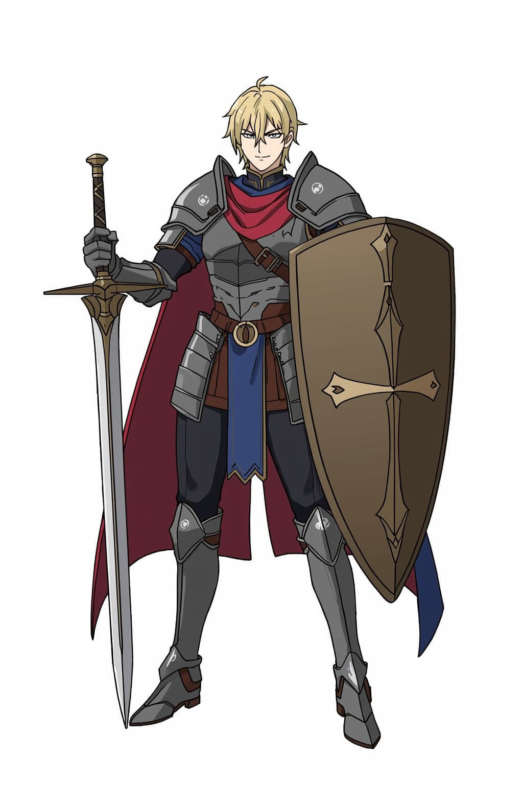 A male human fighter wearing plate armor holding sword, shield with cape.
Use portrait-style framing with an eye-level camera angle.
The full character must be visible from head to toe.
No background. Transparent or plain blank background only.
Keep a clear line of sight to face, clothing, and held items.
Style: anime.
Overall feel: heroic.
Feedback to apply: none.
Additional notes: none.