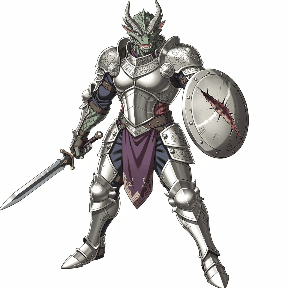 A male fighter wearing plate armor holding dagger, shield with scar.
Use portrait-style framing with an eye-level camera angle.
The full character must be visible from head to toe.
No background. Transparent or plain blank background only.
Keep a clear line of sight to face, clothing, and held items.
Style: anime.
Overall feel: epic.
Feedback to apply: none.
Additional notes: dragonborn