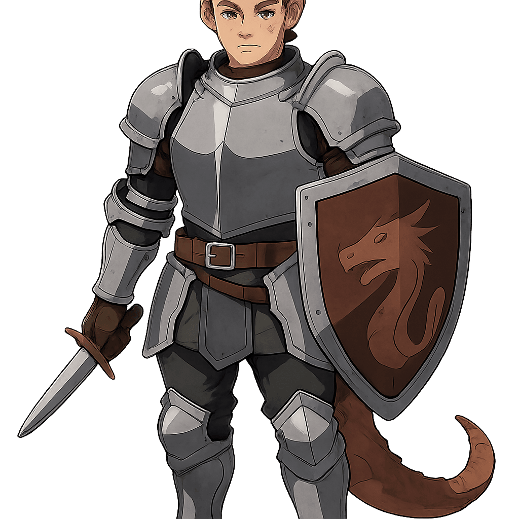 A male fighter wearing plate armor holding dagger, shield with scar.
Use portrait-style framing with an eye-level camera angle.
The full character must be visible from head to toe.
No background. Transparent or plain blank background only.
Keep a clear line of sight to face, clothing, and held items.
Style: anime.
Overall feel: epic.
Feedback to apply: none.
Additional notes: dragonborn