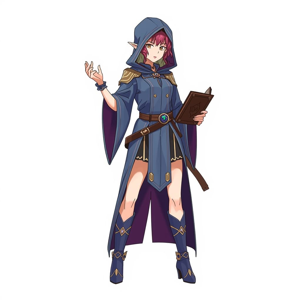 A female elf wizard wearing hooded tunic holding spellbook.
Square format, No background,The full character must be visible from head to toe.
Style guidance: fantasy, anime fantasy illustration, clean lines, expressive shapes, vibrant but controlled color, readable silhouette, soft cinematic lighting.