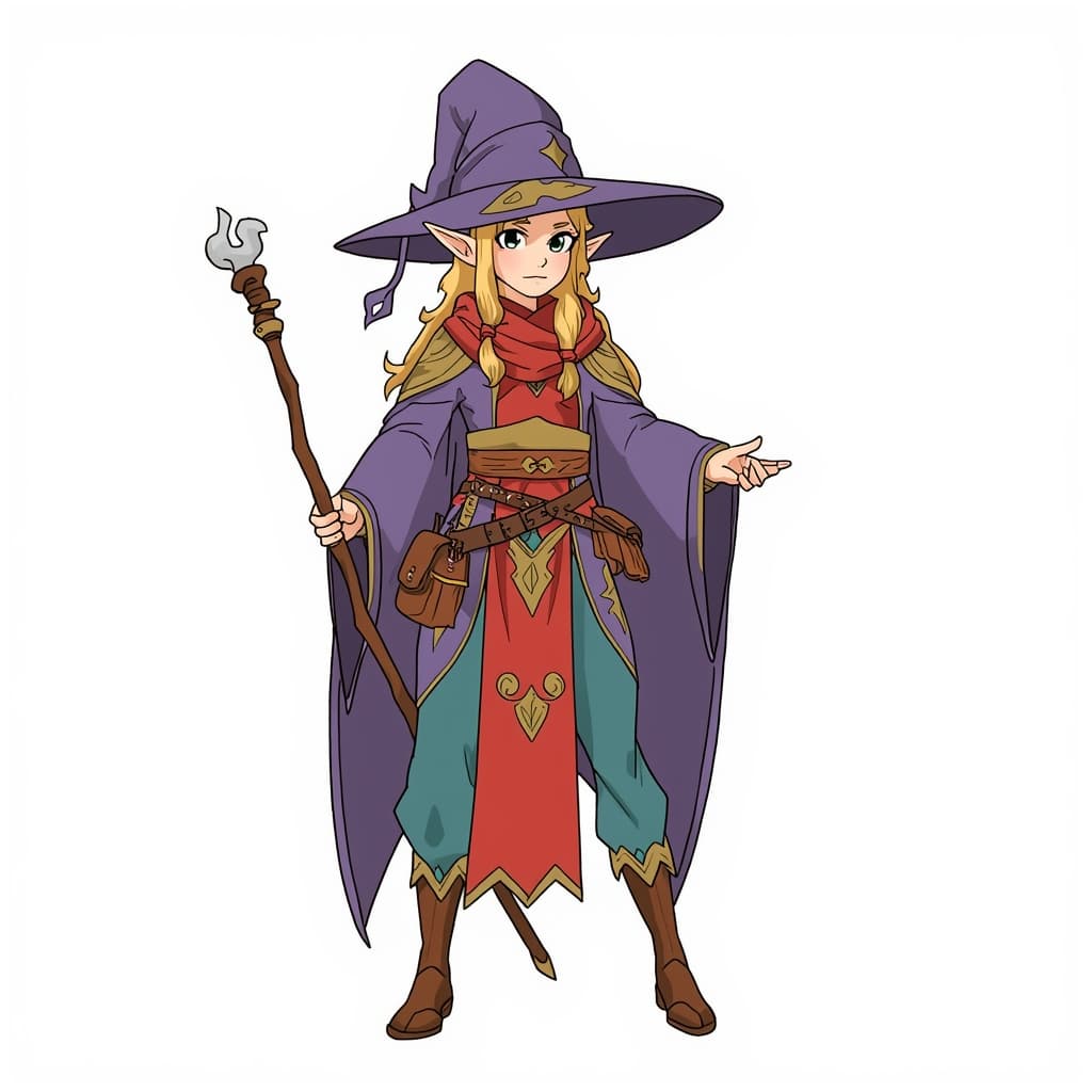 A female elf wizard.
Square format, No background,The full character must be visible from head to toe.
Style guidance: fantasy, Ghibli-inspired fantasy style, bright but balanced colors.