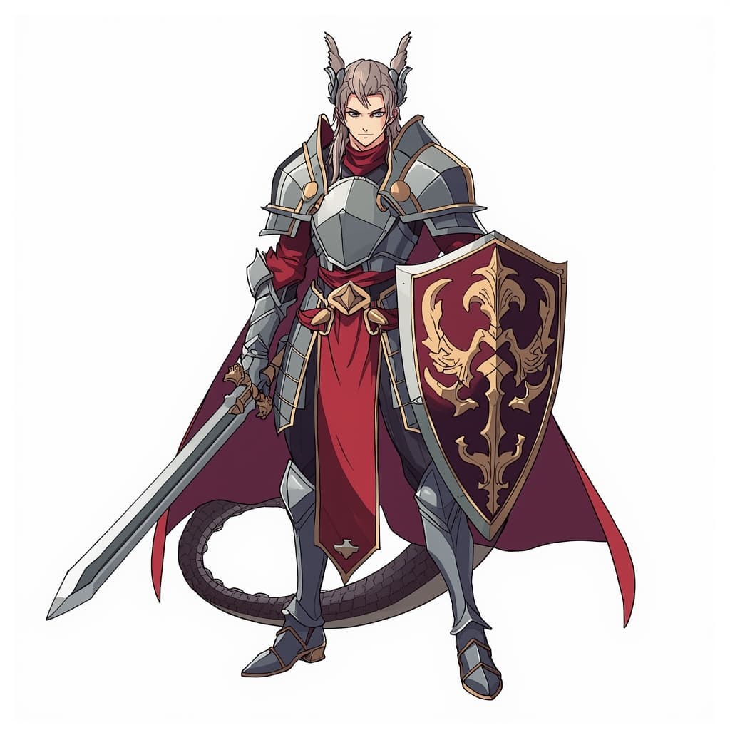 A male dragonborn paladin wearing plate armor holding sword, shield with cape.
Square format, No background,The full character must be visible from head to toe.
Style guidance: heroic, anime fantasy illustration, clean lines, expressive shapes, vibrant but controlled color, readable silhouette, soft cinematic lighting.
Additional notes: dragonborn.