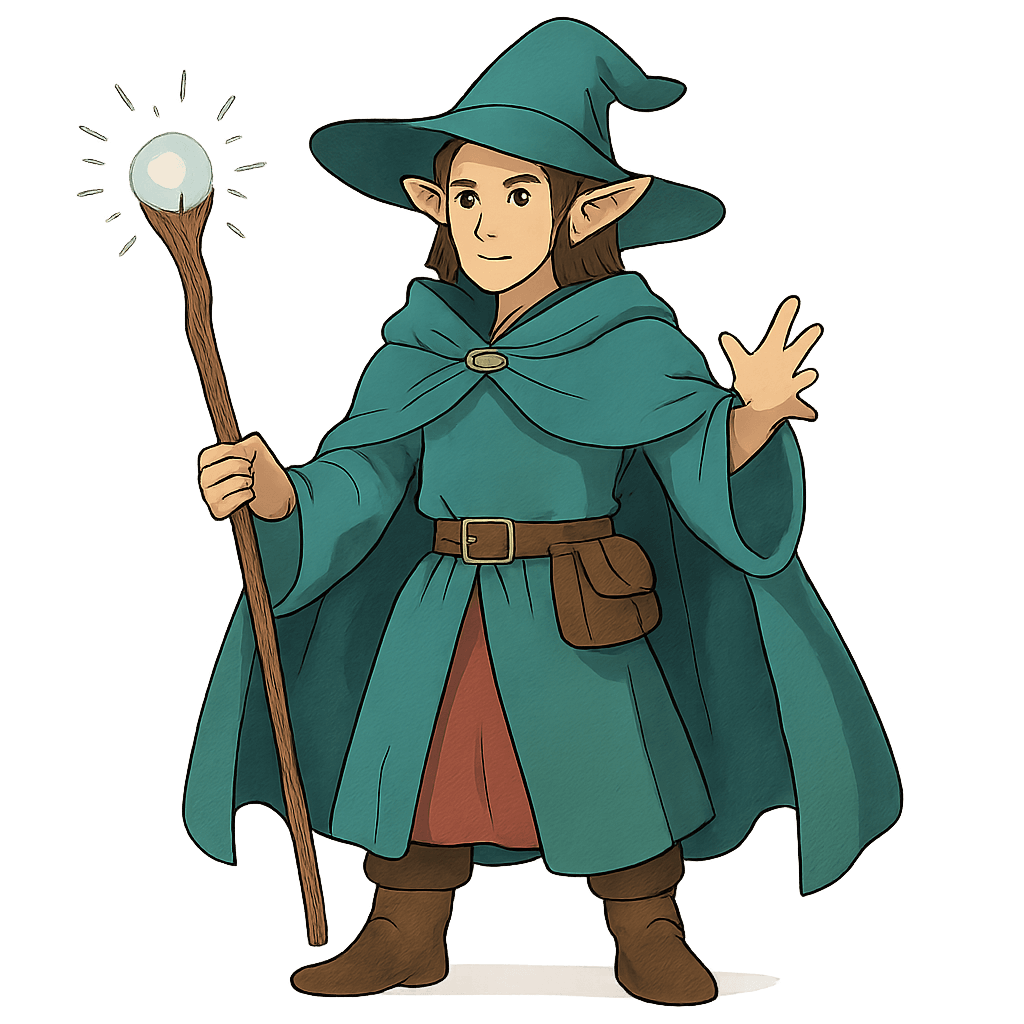 A male elf wizard.
No background, the full character must be visible from head to toe.
Style guidance: fantasy, square format, Ghibli-inspired fantasy style, bold clean outlines, crisp linework, high clarity, smooth vector-like shading with soft gradients, bright but balanced colors, slightly natural color palette, highly readable silhouette, centered composition, slightly dynamic pose, consistent soft lighting, minimal shadows, no text, no border, no watermark.