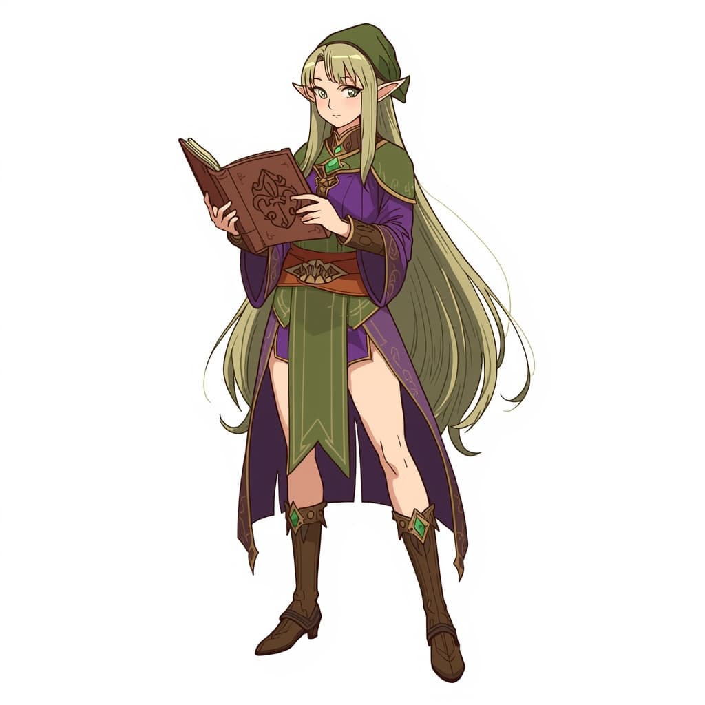 A female elf wizard holding spellbook.
Square format, No background,The full character must be visible from head to toe.
Style guidance: fantasy, anime fantasy illustration, clean lines, expressive shapes, vibrant but controlled color, readable silhouette, soft cinematic lighting.
