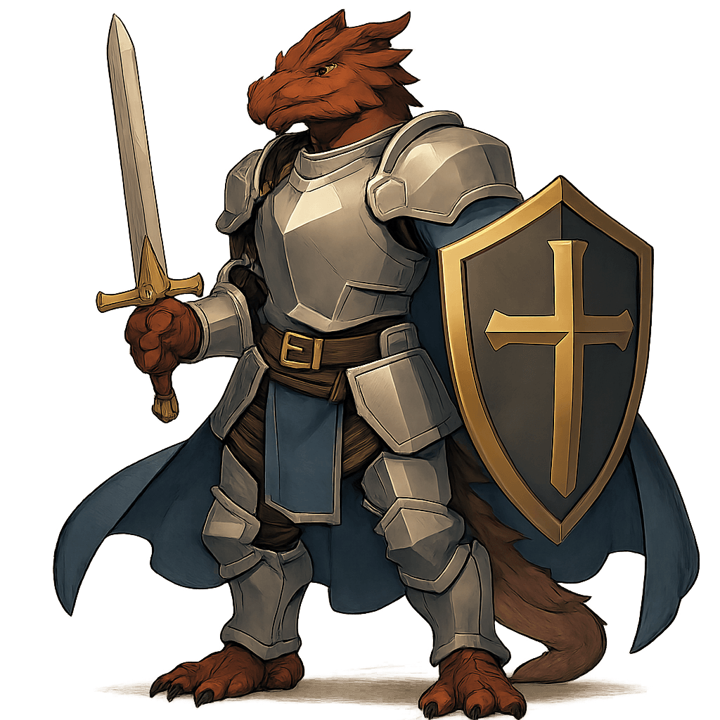 A male dragonborn paladin wearing plate armor holding sword, shield with cape.
Square format, No background,The full character must be visible from head to toe.
Style guidance: heroic, anime fantasy illustration, clean lines, expressive shapes, vibrant but controlled color, readable silhouette, soft cinematic lighting.
Additional notes: dragonborn.