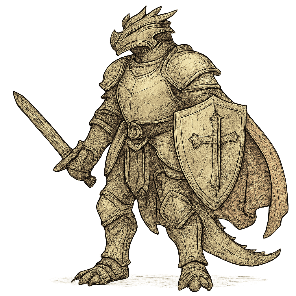 A male dragonborn paladin wearing plate armor holding sword, shield with cape.
Square format, No background,The full character must be visible from head to toe.
Style guidance: heroic, hand-drawn fantasy illustration, visible line character, natural sketch energy, soft color fill, readable silhouette.
Additional notes: dragonborn.