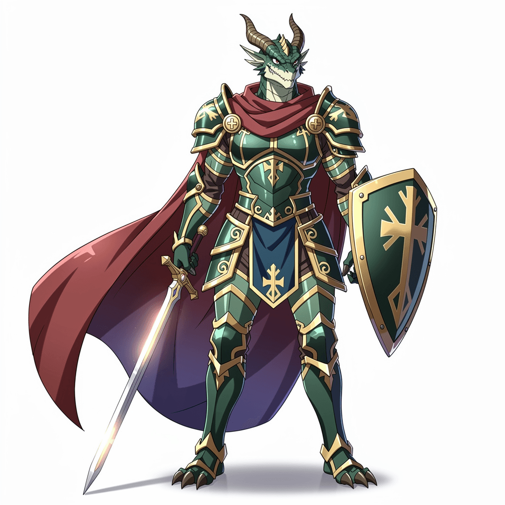 A male dragonborn paladin wearing plate armor holding sword, shield with cape.
Square format, No background,The full character must be visible from head to toe.
Style guidance: heroic, anime fantasy illustration, clean lines, expressive shapes, vibrant but controlled color, readable silhouette, soft cinematic lighting.
Additional notes: dragonborn.