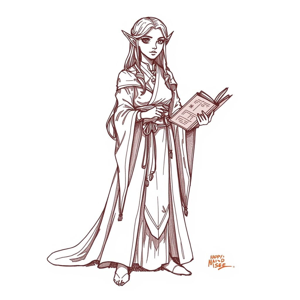 A female elf wizard wearing robe holding spellbook.
Square format, No background,The full character must be visible from head to toe.
Style guidance: fantasy, hand-drawn fantasy illustration, visible line character, natural sketch energy, soft color fill, readable silhouette.